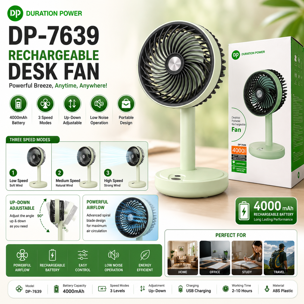 DP-7639 Rechargeable Desk Fan